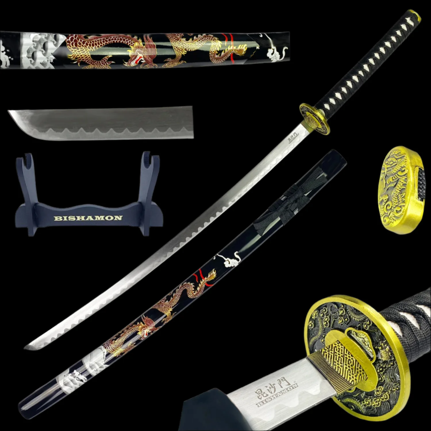 Bishamon Samurai Sword Black Dragon Scabbard W/ Stand - Image 5